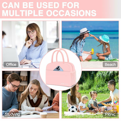 KUBYA Insulated Lunch Bag Pink Reusable Tote for Women Men Office Travel Picnic