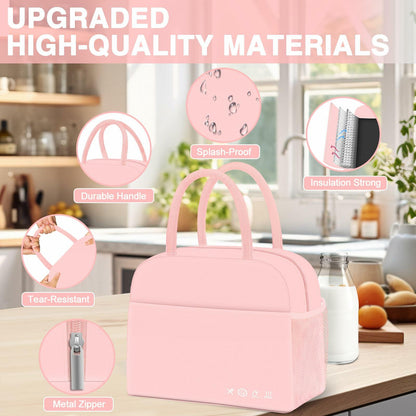 KUBYA Insulated Lunch Bag Pink Reusable Tote for Women Men Office Travel Picnic