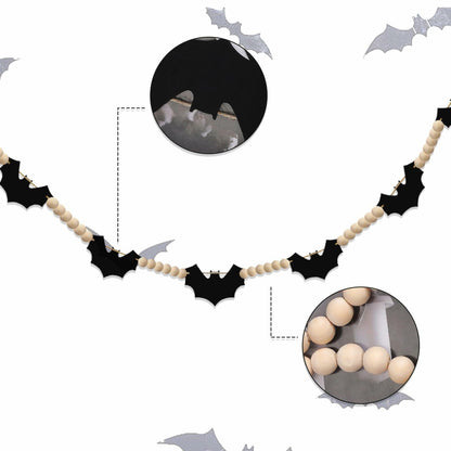 Gvhntk Black Felt Bats Garland Halloween Decor Indoor Banner Wood Beads