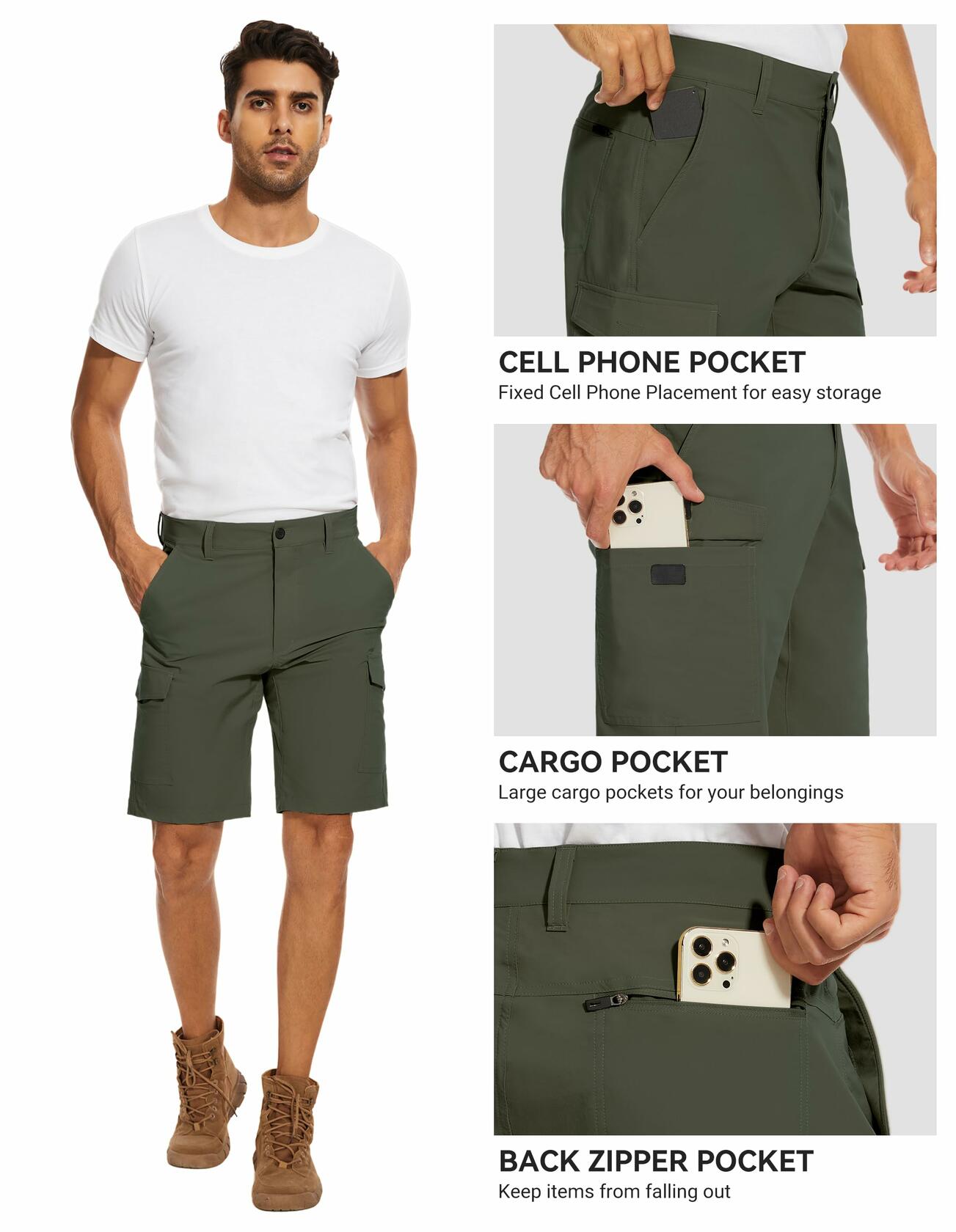 PULI Men's Cargo Shorts Army Green Classic Fit Stretch Size 34