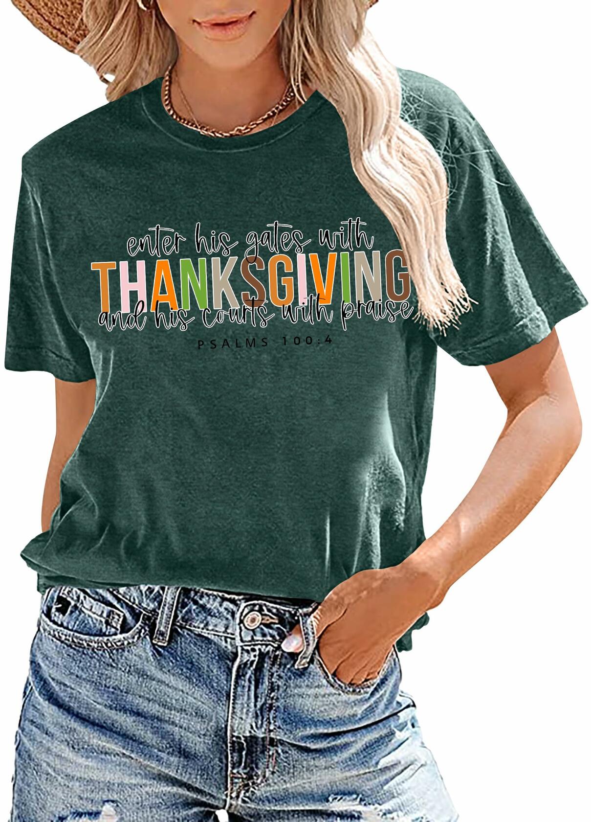 ELDPS Women's Thanksgiving Shirt Casual Fall Top Thankful Tee - Medium