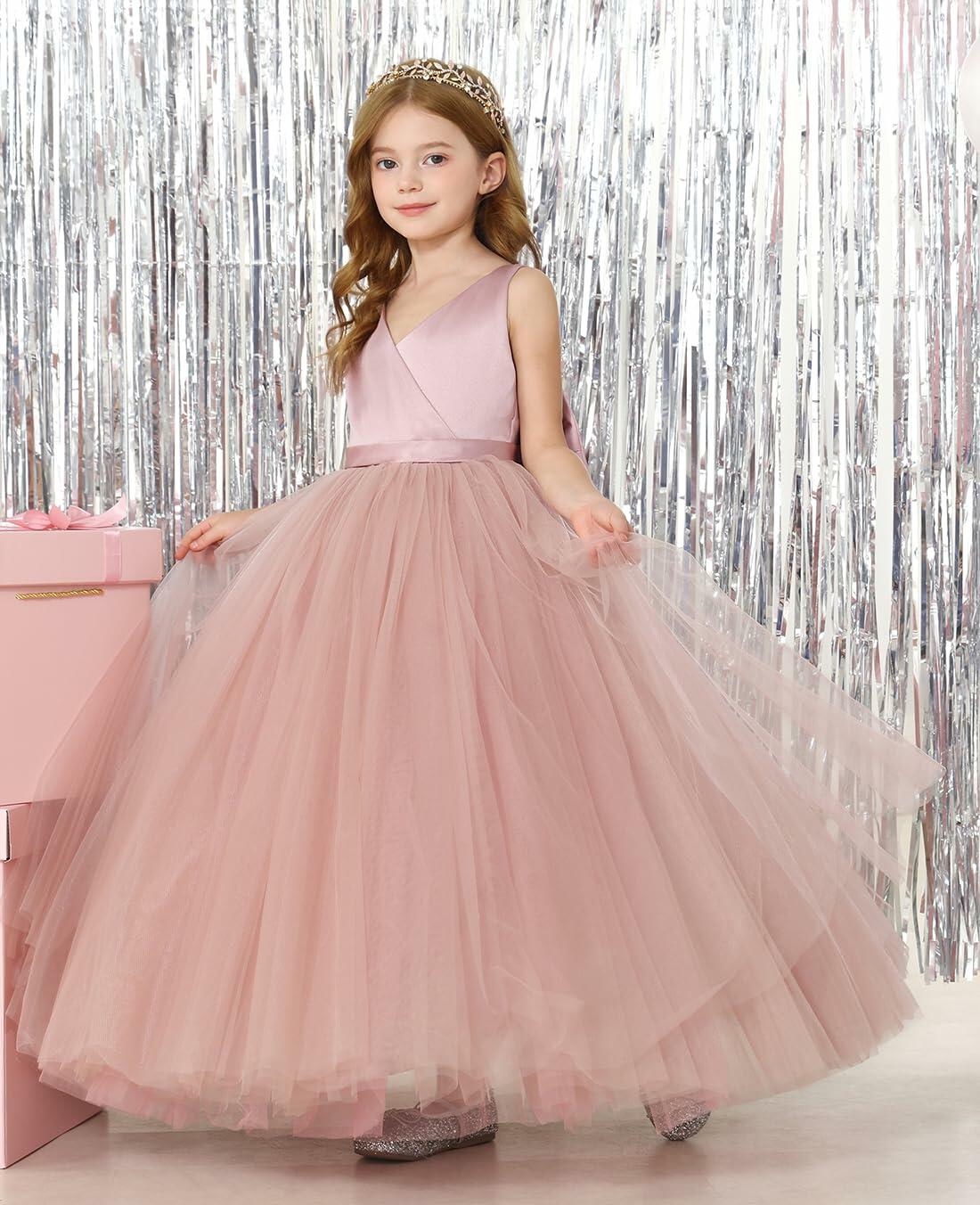JISISANG Toddler Flower Girl Dress White Backless Bow-Knot Satin Size 06