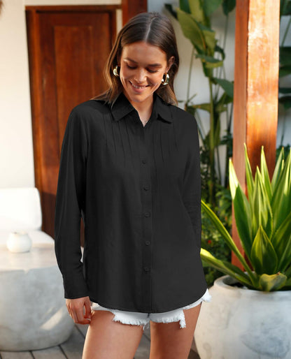 Siliteelon Women's Linen Button Down Shirt Black Long Sleeve Casual Size 2XL