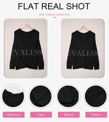 EVALESS Women's Medium Black V Neck Striped Sweater Pullover Knit Top