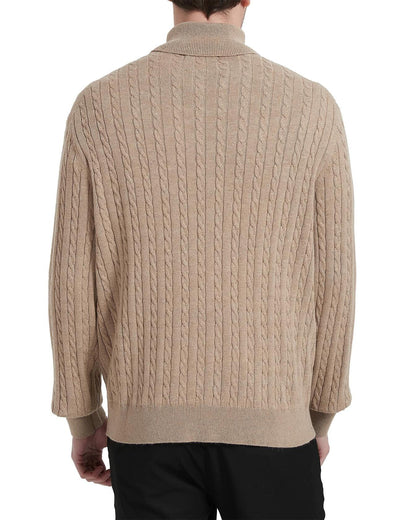 Kallspin Men's Wool Blend Cable-Knit Turtle Neck Sweater Coffee Size L