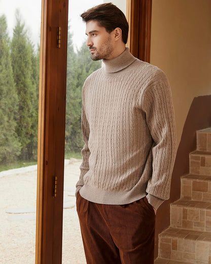 Kallspin Men's Wool Blend Cable-Knit Turtle Neck Sweater Coffee Size L