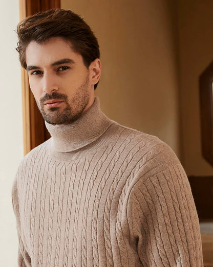 Kallspin Men's Wool Blend Cable-Knit Turtle Neck Sweater Coffee Size L