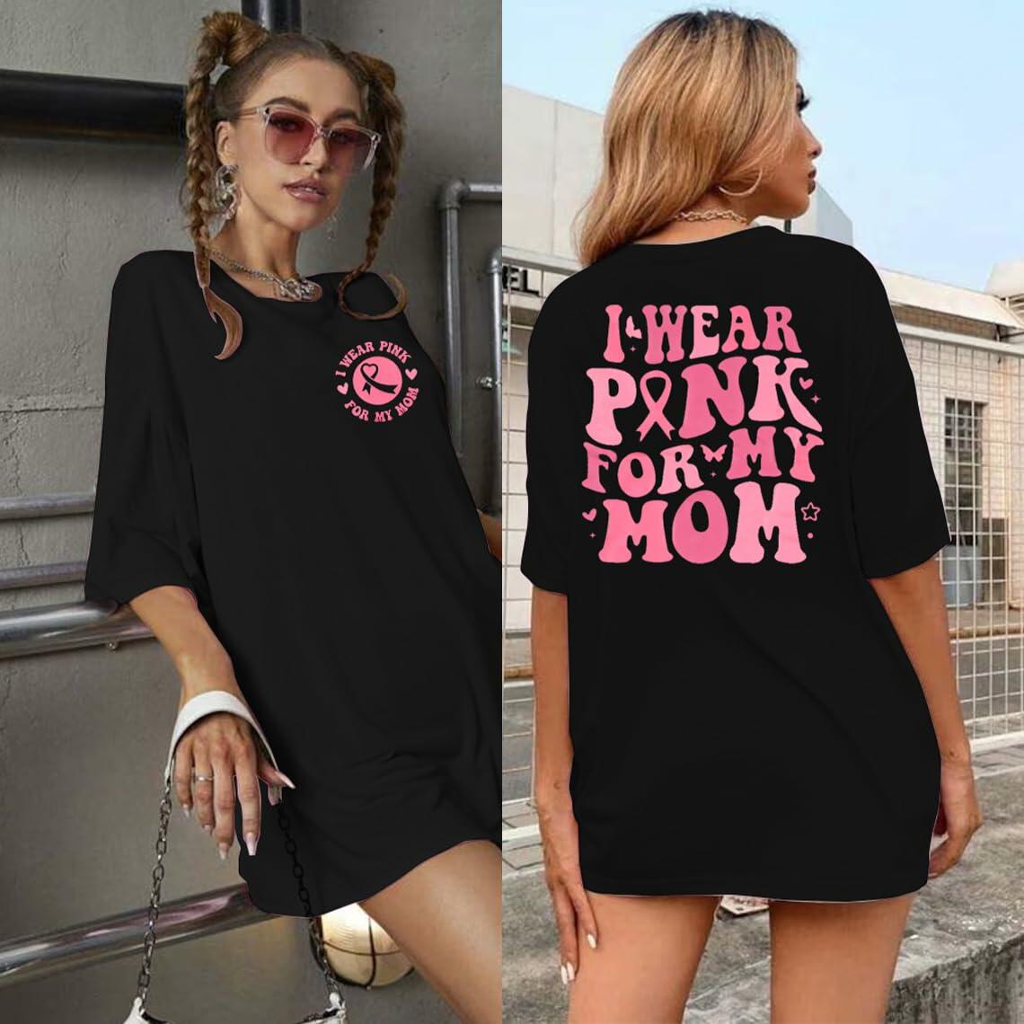 FASHGL I Wear Pink for My Mom T-Shirt Women Breast Cancer Awareness Pink - XL