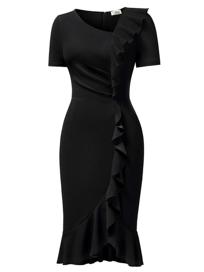 AISIZE Women's Vintage V-Neck Ruffle Slit Bodycon Dress Black Size L