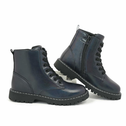 firelli Kids Ankle Boots Navy Side Zipper Lace Up Combat Boots Size 4 US