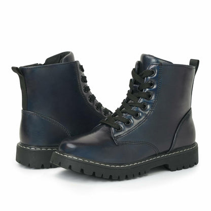 firelli Kids Ankle Boots Navy Side Zipper Lace Up Combat Boots Size 1 US