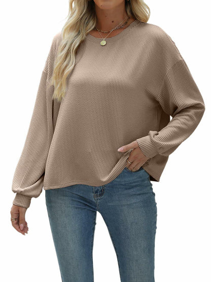 Nfsion Womens Ribbed Long Sleeve Crewneck Soft Top Khaki Size S