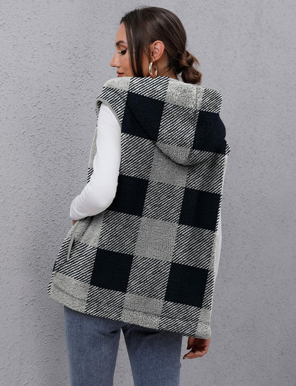 TFSDOD Womens Fuzzy Sherpa Fleece Vest Cozy Sleeveless Sweater Plaid- Size  M