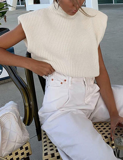 Hooever Women's White Turtleneck Sleeveless Knitted Sweater Vest Size S