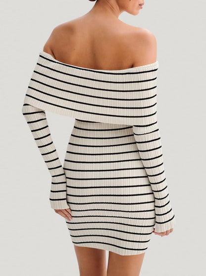 Wenrine Womens Off Shoulder Knit Mini Dress White Casual Bodycon Long Sleeve