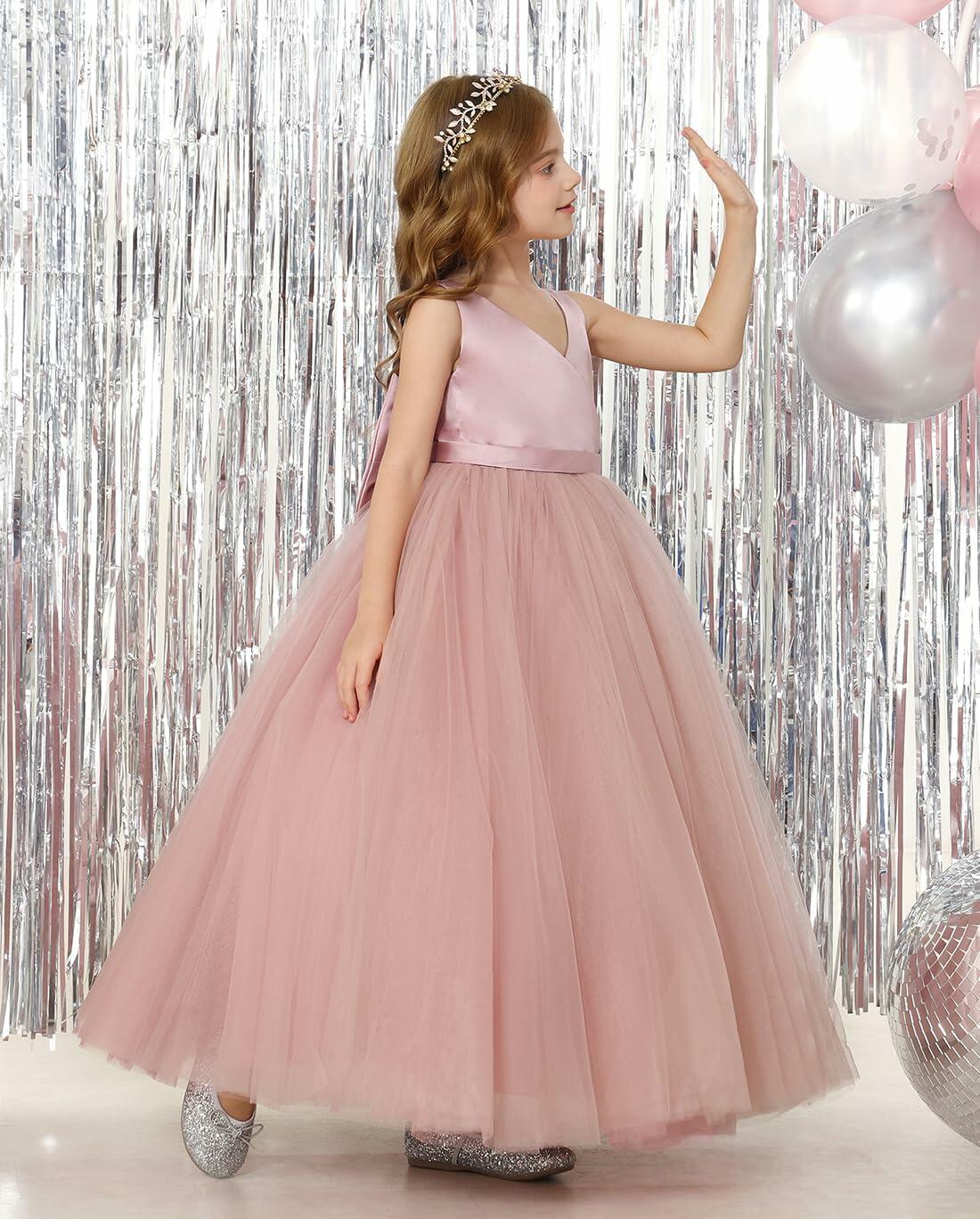 JISISANG Toddler Satin Tulle Dress Champagne Bow-Knot Flower Girl - Size 2