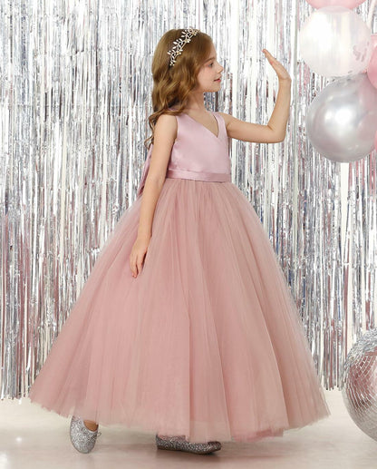 JISISANG Toddler Satin Tulle Dress Champagne Bow-Knot Flower Girl - Size 2