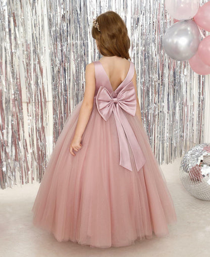 JISISANG Toddler Satin Tulle Dress Champagne Bow-Knot Flower Girl - Size 2