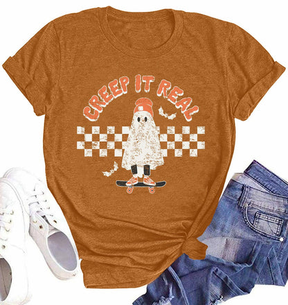 HQP Halloween Ghost Women's Brown Graphic Fall T-Shirt Top Spooky Skateboard