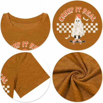 HQP Halloween Ghost T-Shirt Women Brown Graphic Fall Top Spooky Skateboard