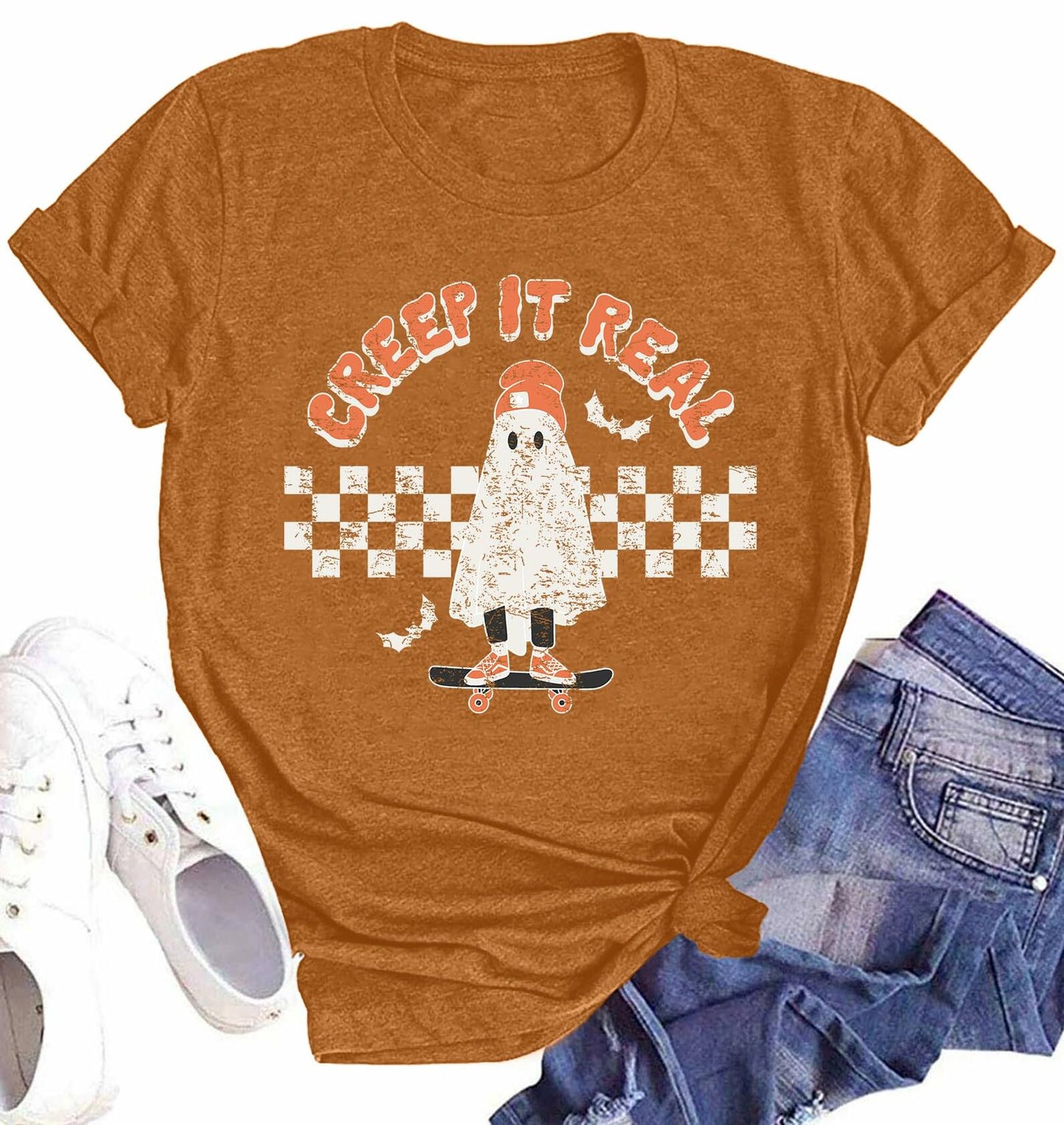 HQP Halloween Ghost T-Shirt Women Brown Graphic Fall Top Spooky Skateboard