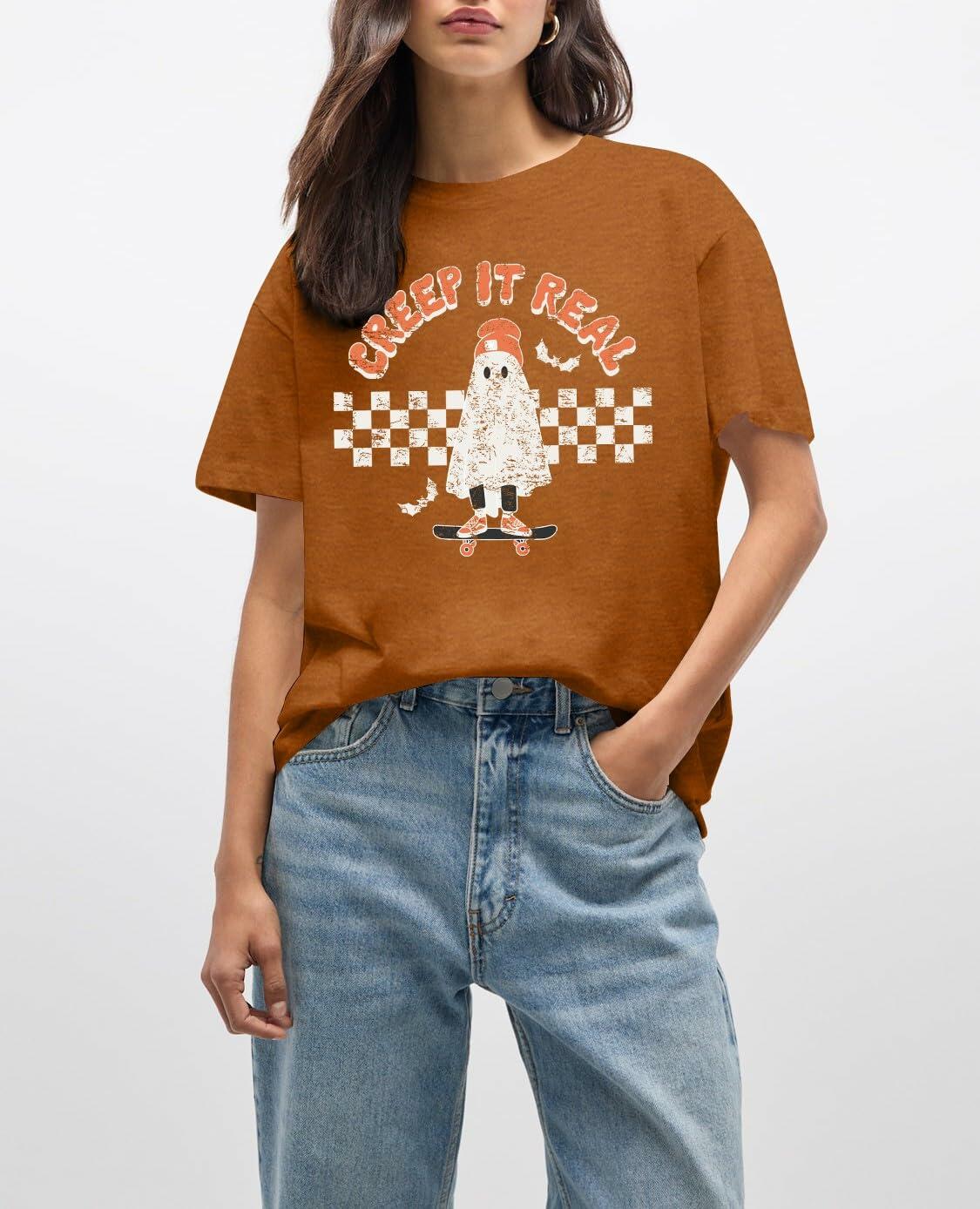 HQP Halloween Ghost Women's Brown Graphic Fall T-Shirt Top Spooky Skateboard