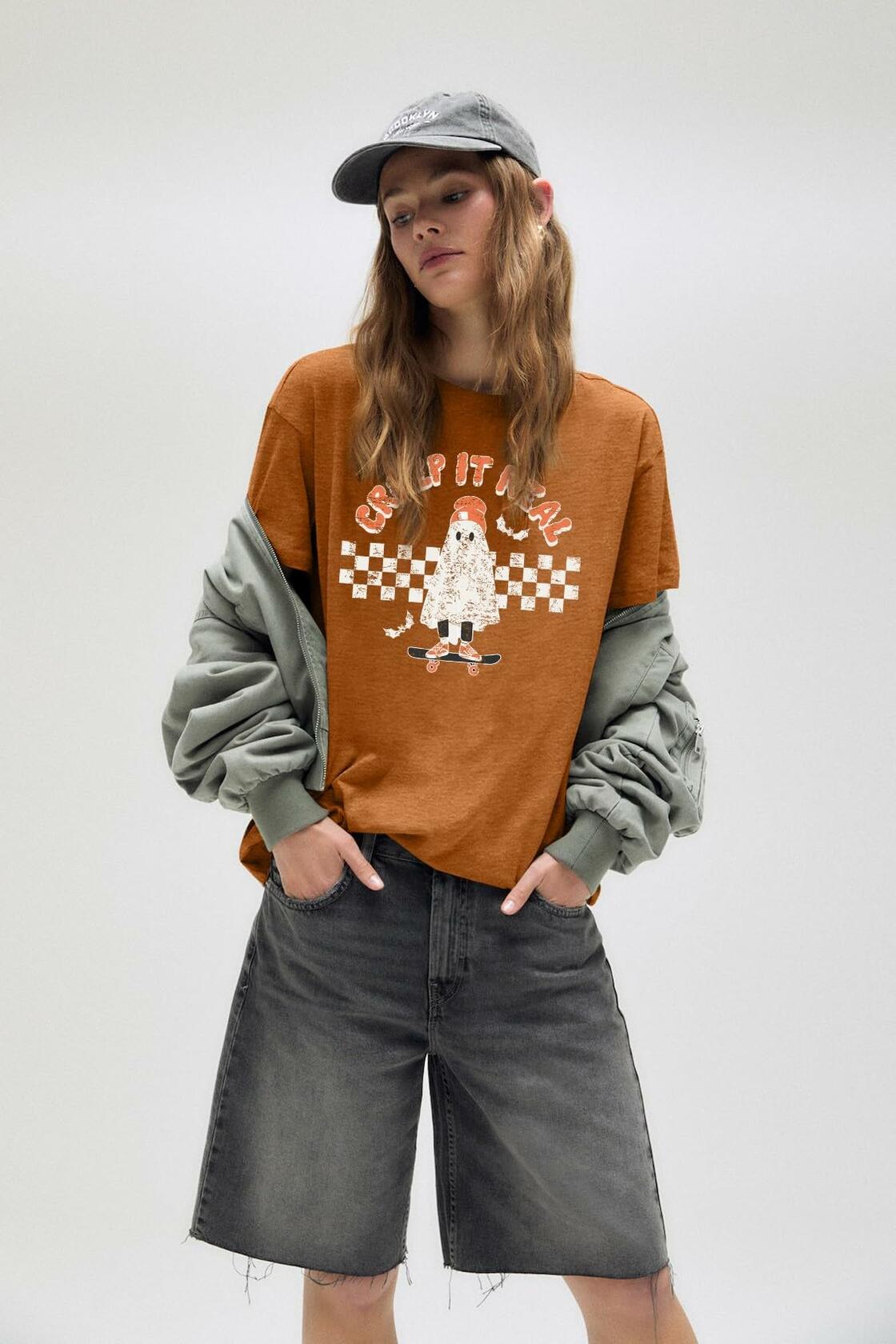 HQP Halloween Ghost Women's Brown Graphic Fall T-Shirt Top Spooky Skateboard