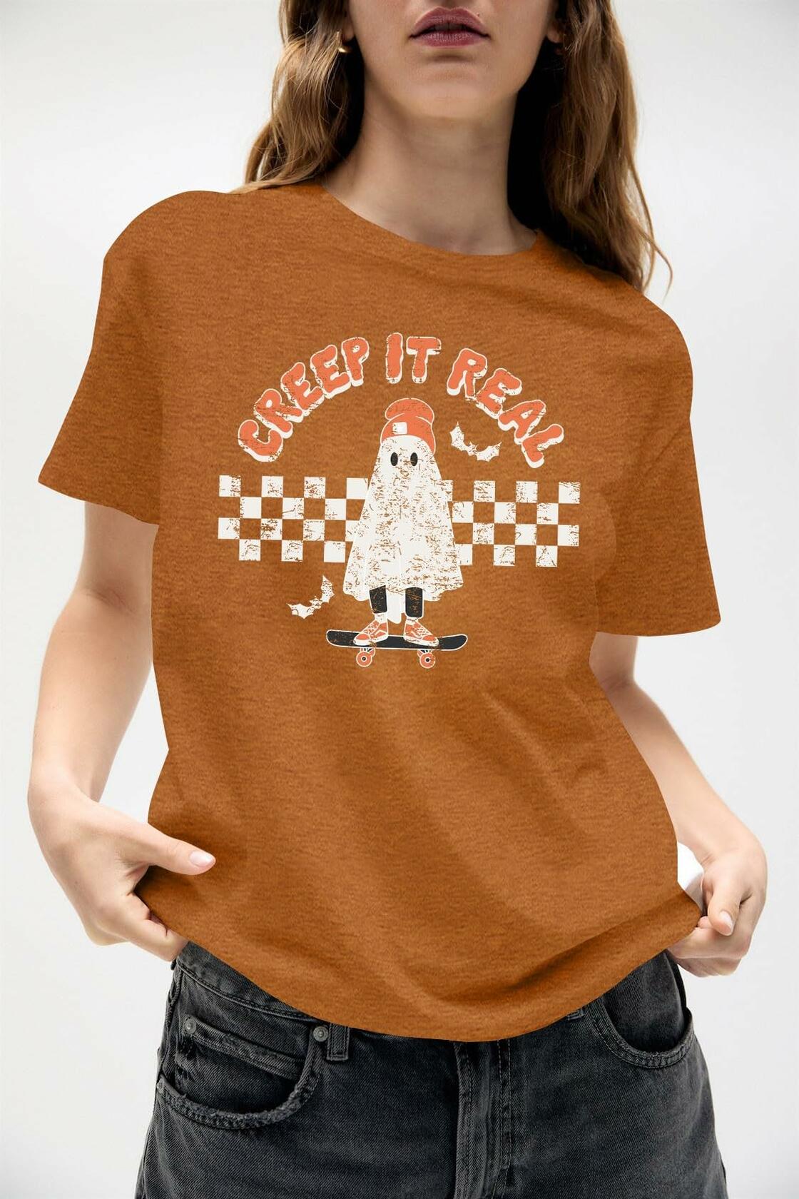 HQP Halloween Ghost Women's Brown Graphic Fall T-Shirt Top Spooky Skateboard