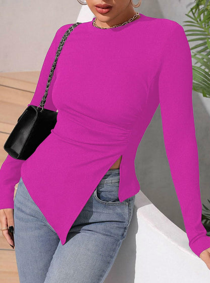 Remidoo Women's Rib Knit Long Sleeve Top Hot Pink Size L