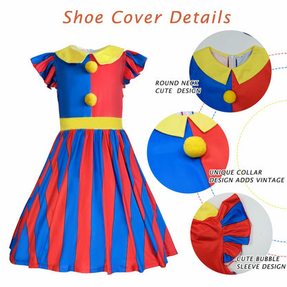FINASKASU Girls Clown Costume 4 Pcs Set, Halloween Costume 5-6Y