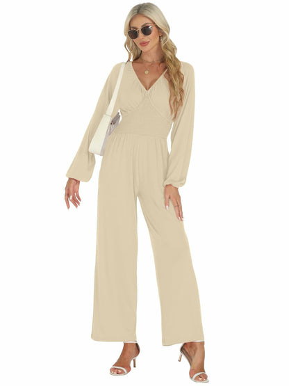 Tanou 2024 Women's Rose Red Smocked Long Sleeve Jumpsuit Romper L