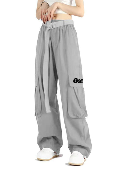 GOLYOY Women's Cargo Pants Grey Adjustable High Waist Baggy Wide Leg Size L