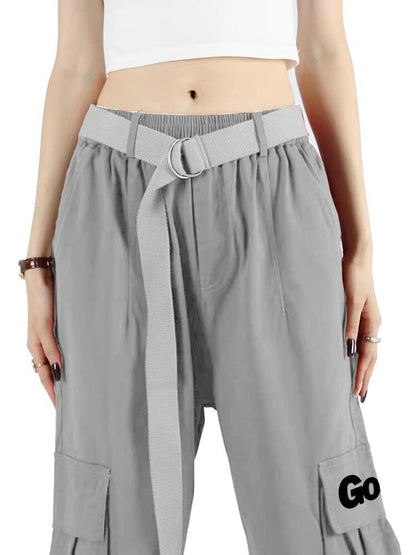 GOLYOY Women's Cargo Pants Grey Adjustable High Waist Baggy Wide Leg Size L