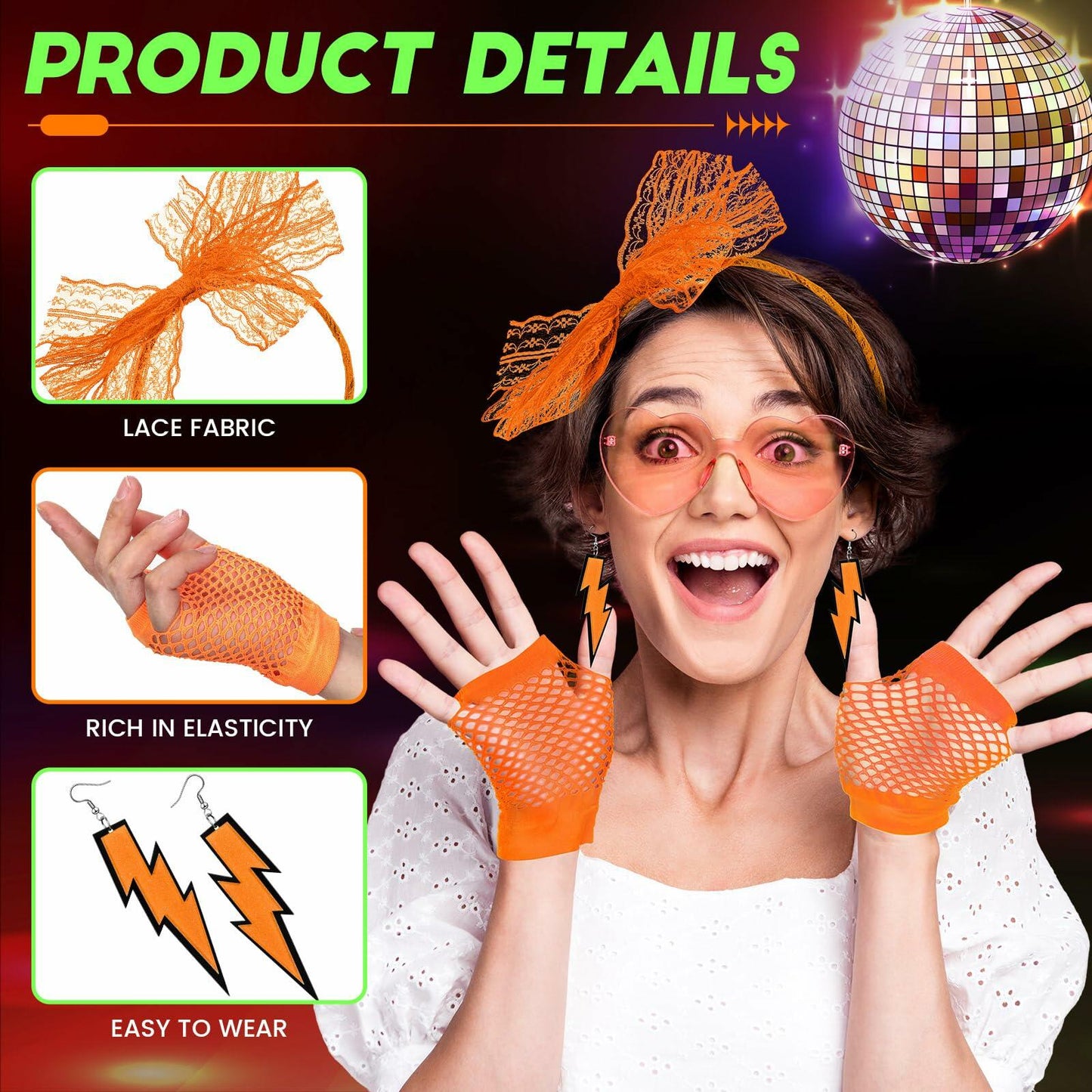 Maiteenly 80s Costume Accessories Set Lace Headband Neon Earrings Gloves