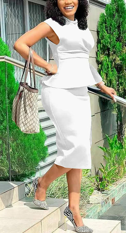 GOBLES Women's White Bodycon Midi Dress Boat Neck Short Sleeve Size L