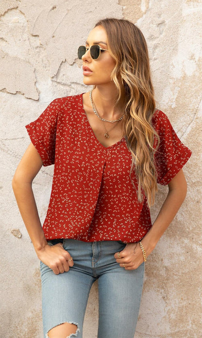 QUEZHU Women's V Neck Short Sleeve Chiffon Blouse Wine Red Size Small