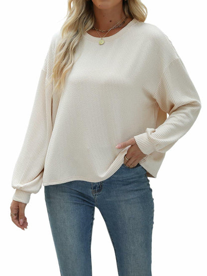 Nfsion Womens Casual Long Sleeve Crewneck Ribbed Shirt Apricot Size S