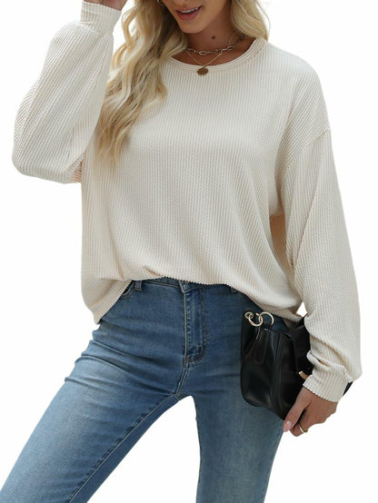 Nfsion Womens Casual Long Sleeve Crewneck Ribbed Shirt Apricot Size S