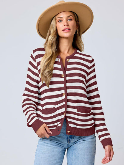 ANRABESS Women's Tweed Knit Cardigan White Red Stripe Size Small