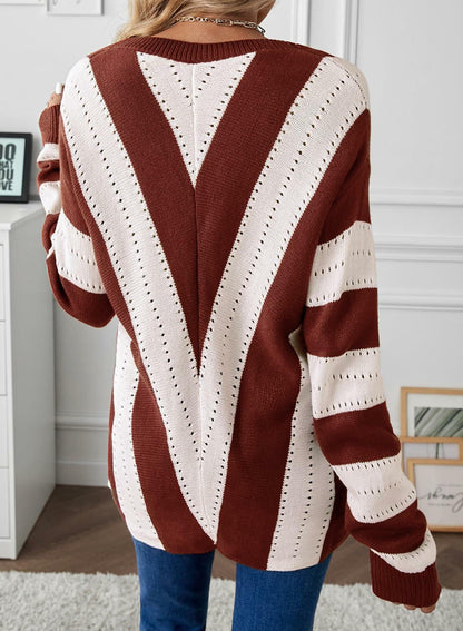 EVALESS Womens Brown Striped Knit Sweater Long Sleeve Pullover Size S