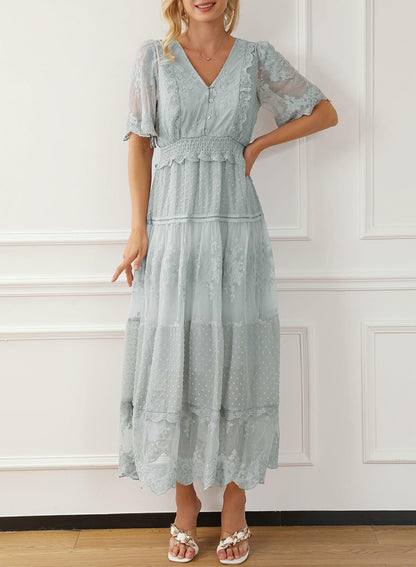 Happy Sailed Womens Gray Floral Lace Maxi Dress V Neck Button Down Size M