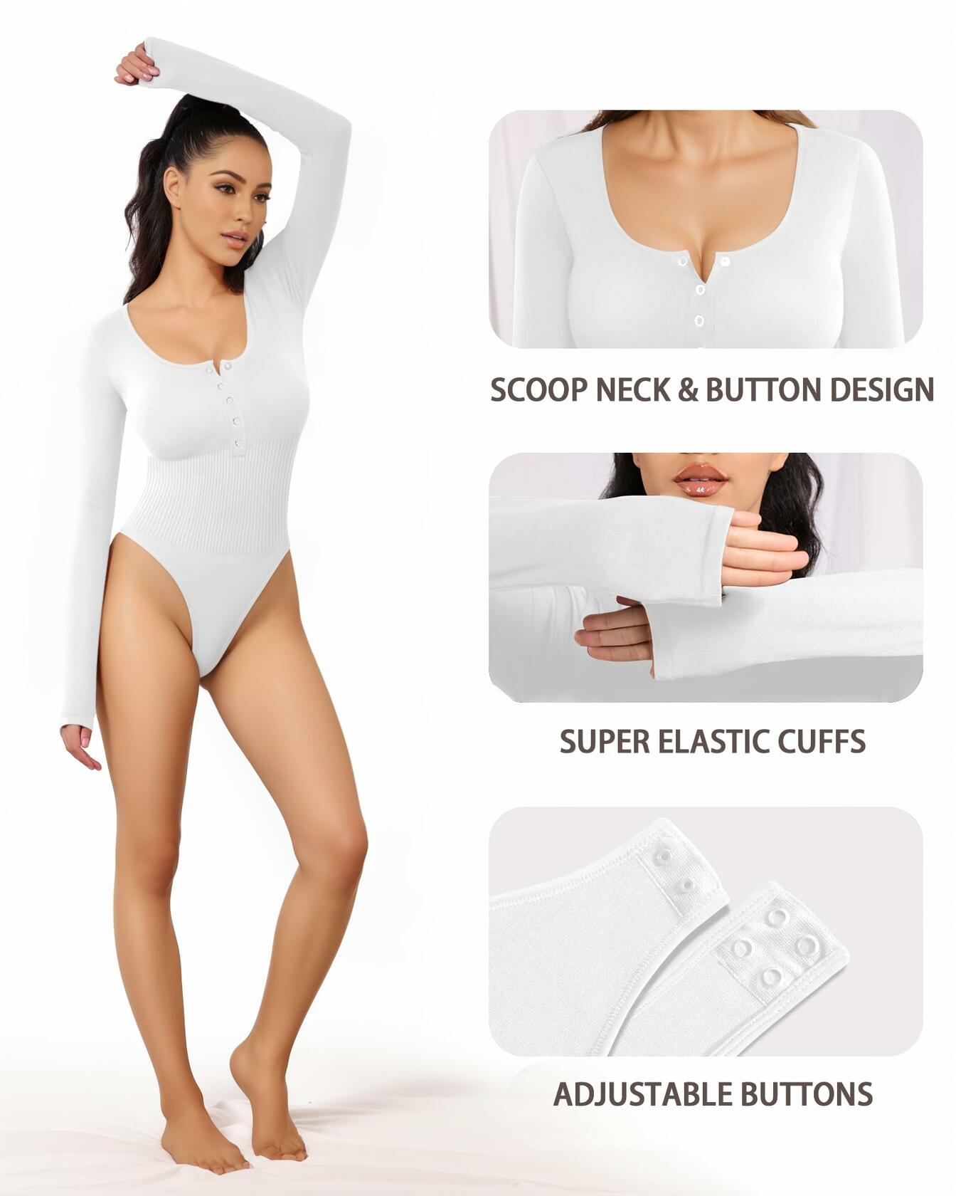 MANGOPOP Long Sleeve Ribbed Bodysuit Tummy Control Henley Scoop Neck Size S
