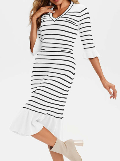 Wenrine Womens White Striped Sweater Dress V Neck Midi Knit Size M