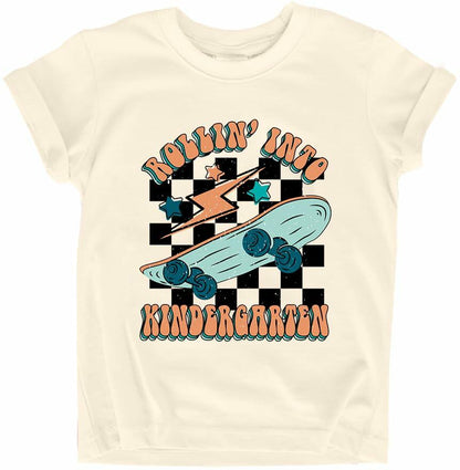 FAYALEQ Rollin Into Kindergarten Shirt Beige Kids Tee -  Size 5-6