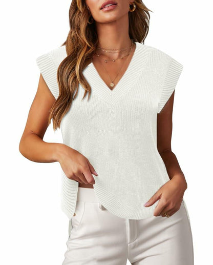 Lueluoye White V Neck Sleeveless Sweater Vest Women Casual Size S
