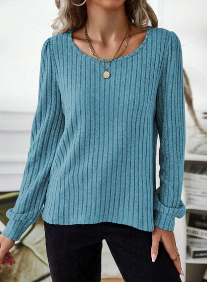 Samefar Womens Ribbed Long Sleeve Round Neck Top Blue Size Small