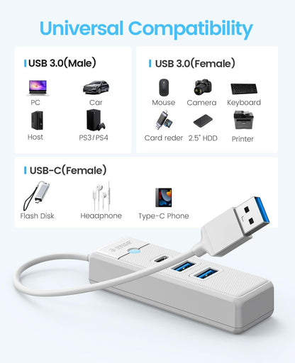 ORICO USB C Hub 3-Port USB 3.1 to USB 3.0 Adapter White 0.5ft Cable