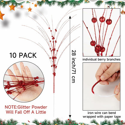 28in 10PCS Artificial Glitter Stem Christmas Ornaments DIY Decor