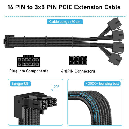 SYBECHATF RTX 4090 16Pin to 4x8Pin PCI-E 5.0 Sleeved Cable 14in Black