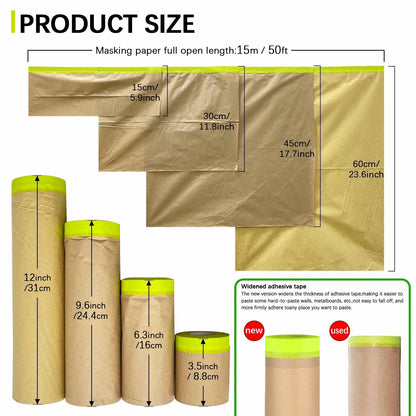 Hubaow Tape and Drape Masking Paper 18x50ft Pre-Taped Adhesive White 1 Pack
